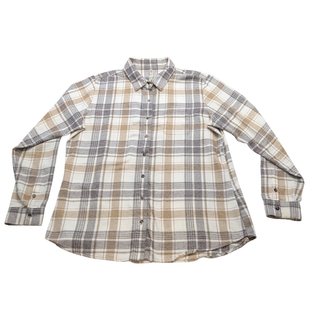 Kuhl Flannel Button Down Women Large Tan‎ Grey Plaid Excellent Long Sleeve Shirt